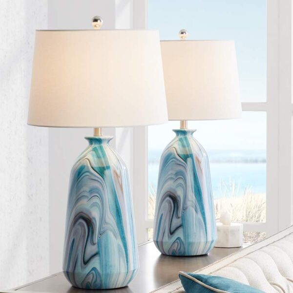 Blue Floral Marble Pattern Table Lamps - (Set of 2)