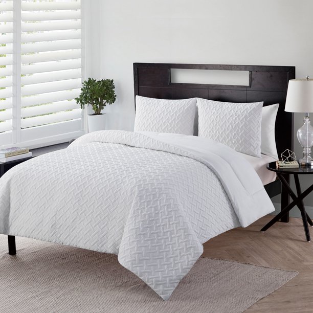 White Embossed Geometric Pattern King Comforter - Set of 3