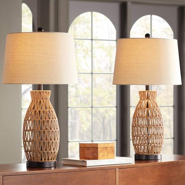 Woven Wicker Table Lamp - Set of 2