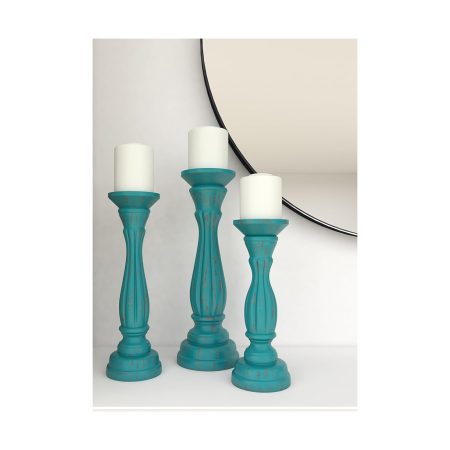 Wooden Turquoise Candle Holders- Set of 3